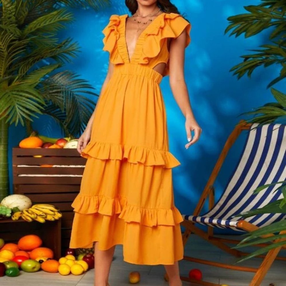 Boho Vacation style trendy V-Neck Cut Out waist Tiered Layer Dress  Orange - Picture 5 of 5